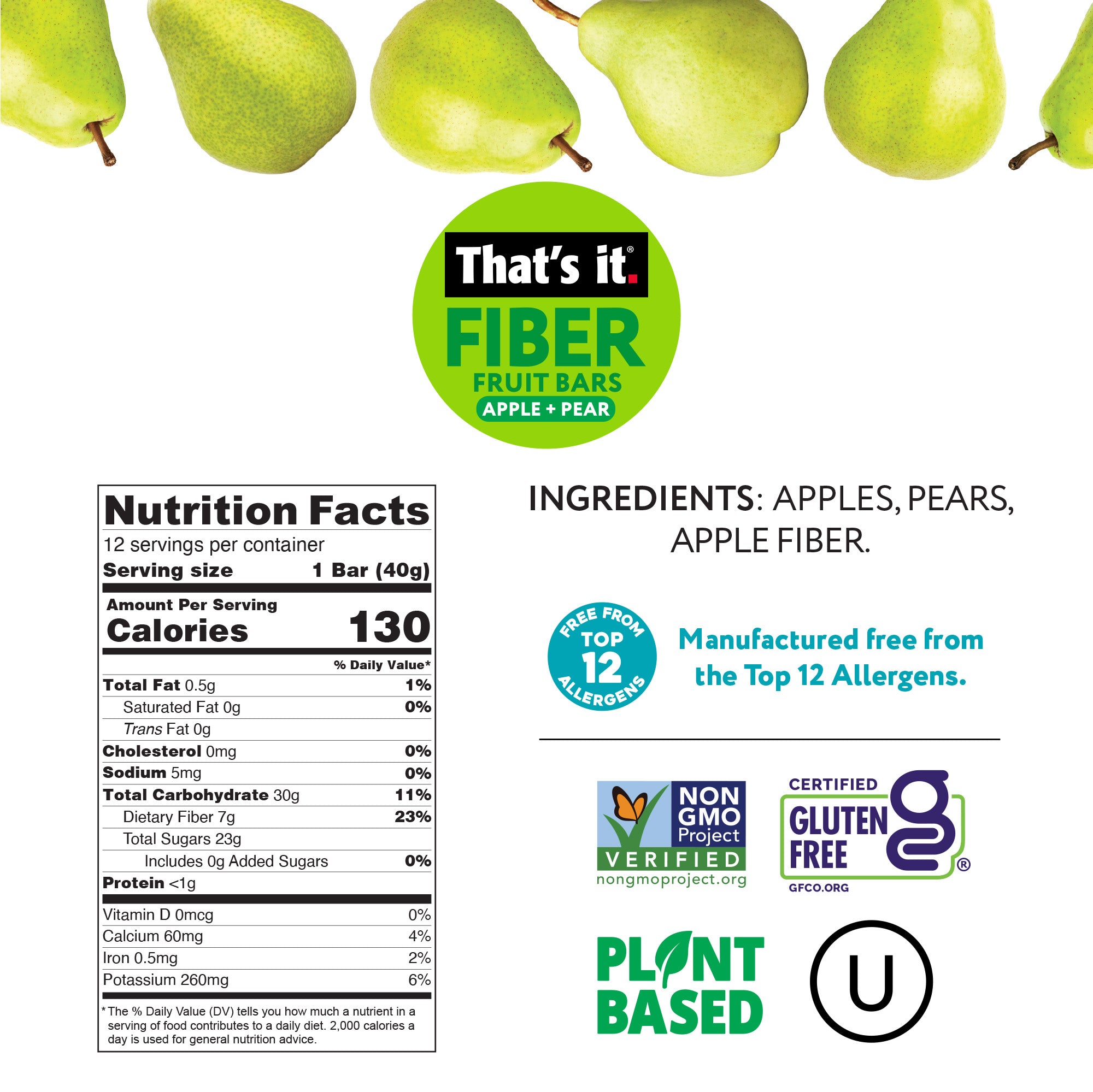 Apple + Pear Fiber Fruit Bars (12 Bars) - View 3