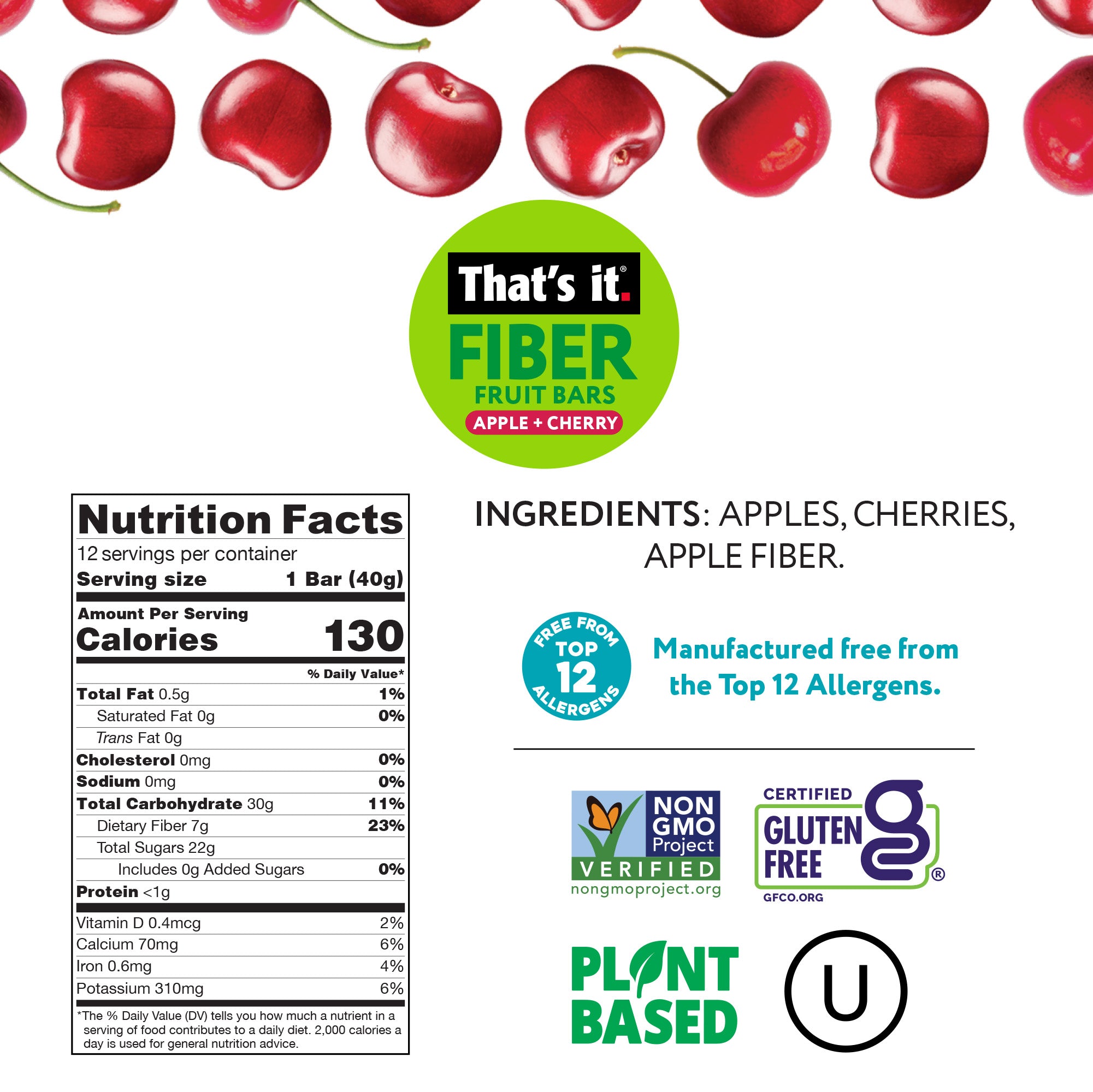 Apple + Cherry Fiber Fruit Bars (12 Bars) - View 3