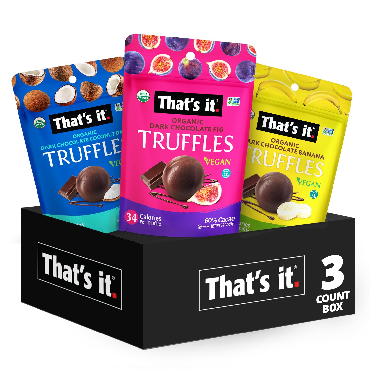 Organic Dark Chocolate Fruit Truffles Variety Pack - Banana, Coconut & Fig (3