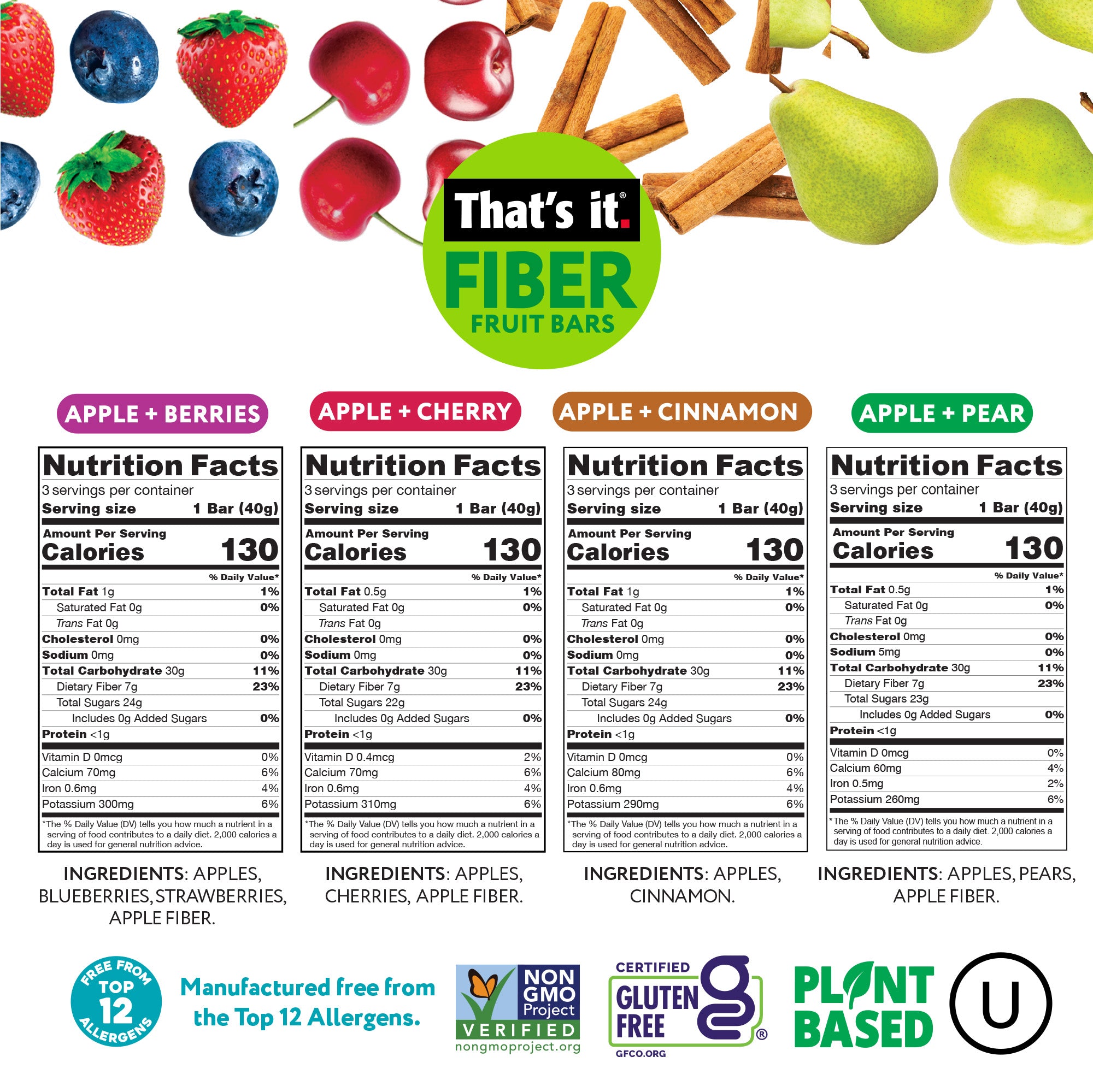 Fiber Fruit Bar Variety Pack - Berries, Cherry, Pear & Cinnamon (12 Bars) - View 3
